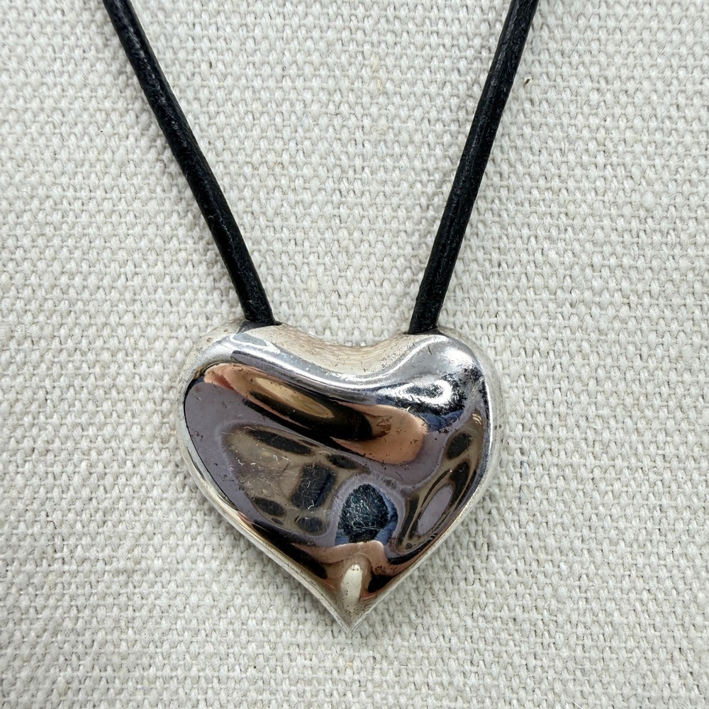 Monet Heart Pendant Necklace Black Cord Silver Tone Modern‎ Signed